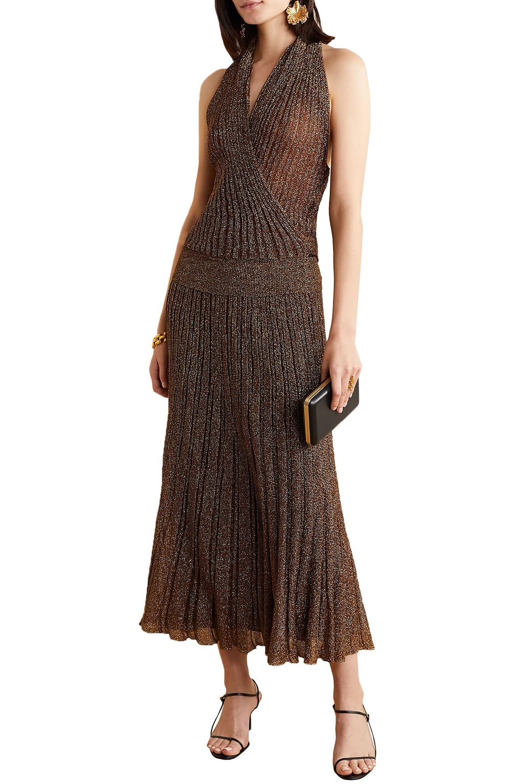 MISSONI Wrap-effect metallic crochet-knit halterneck top
