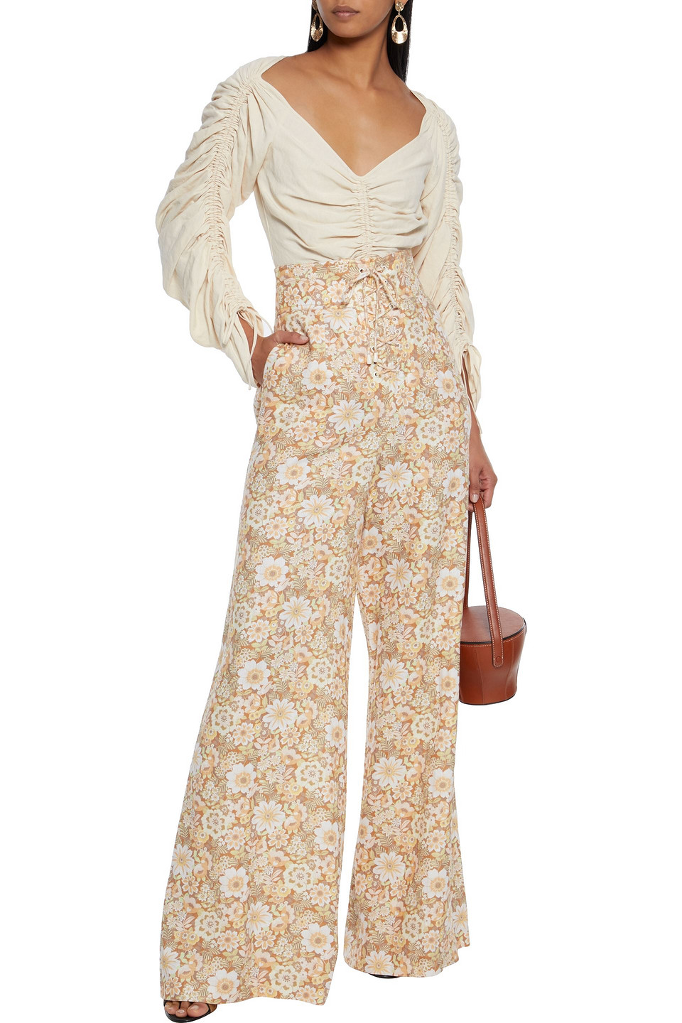 Click to view more detailed imagery on our partner's website Zimmermann Zippy Lace-up Floral-print Linen Wide-leg Pants In Light Brown