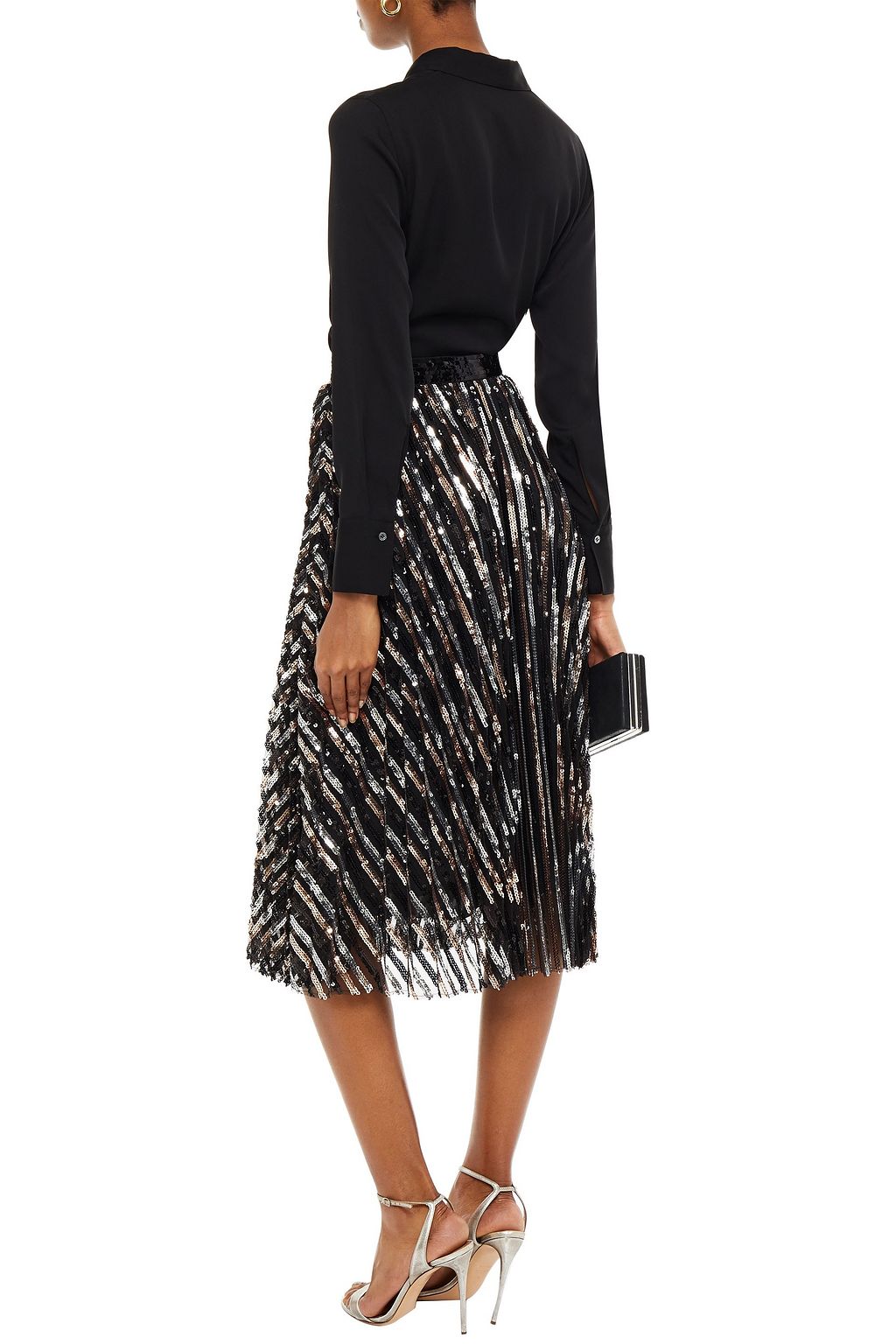 PHILOSOPHY DI LORENZO SERAFINI Pleated striped sequined tulle midi skirt