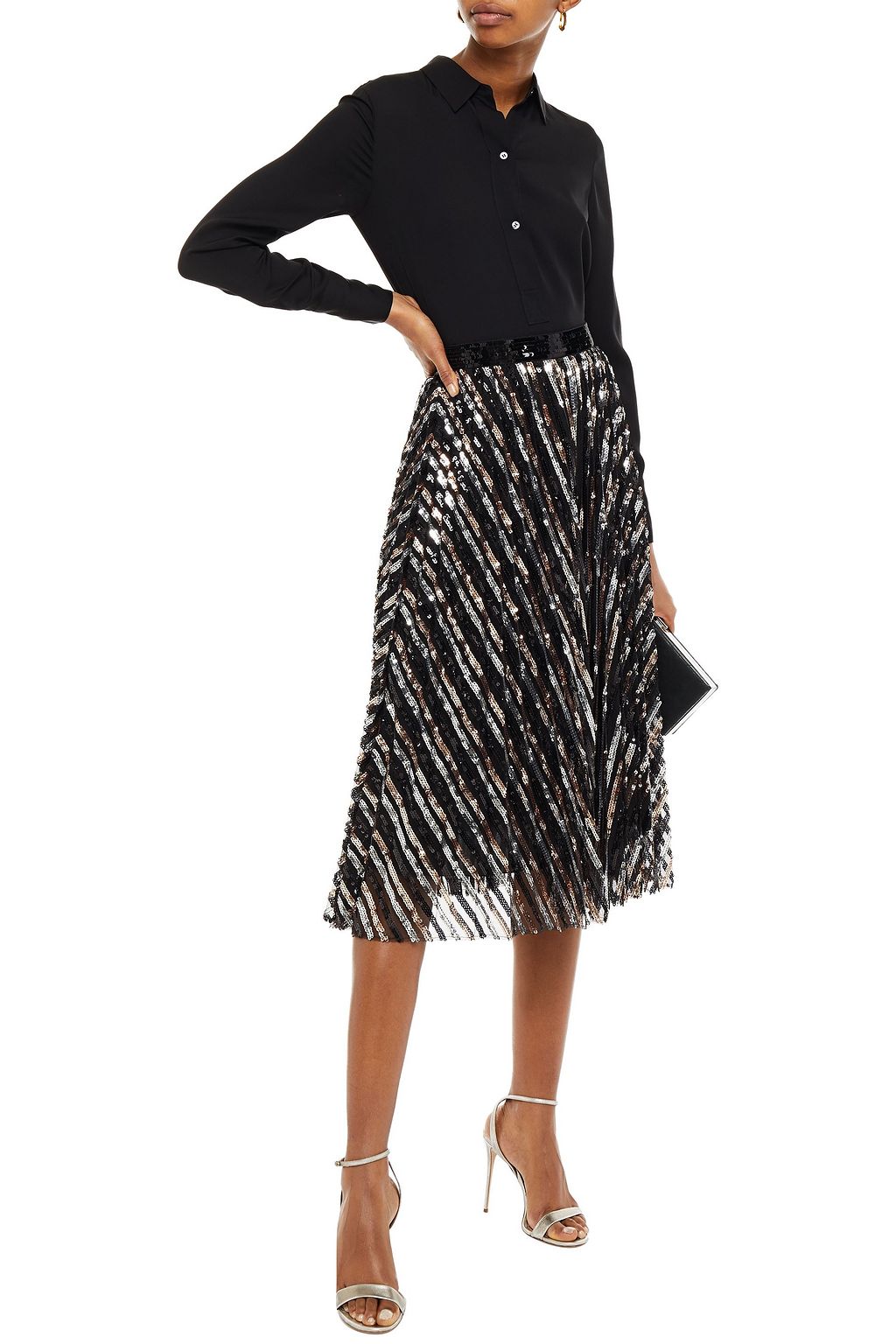 PHILOSOPHY DI LORENZO SERAFINI Pleated striped sequined tulle midi skirt