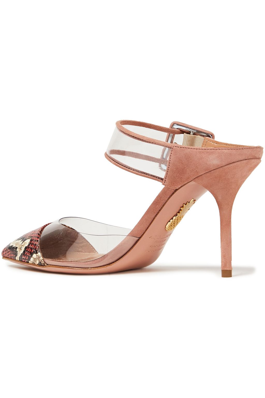 AQUAZZURA Optic 85 suede, elaphe and PVC mules