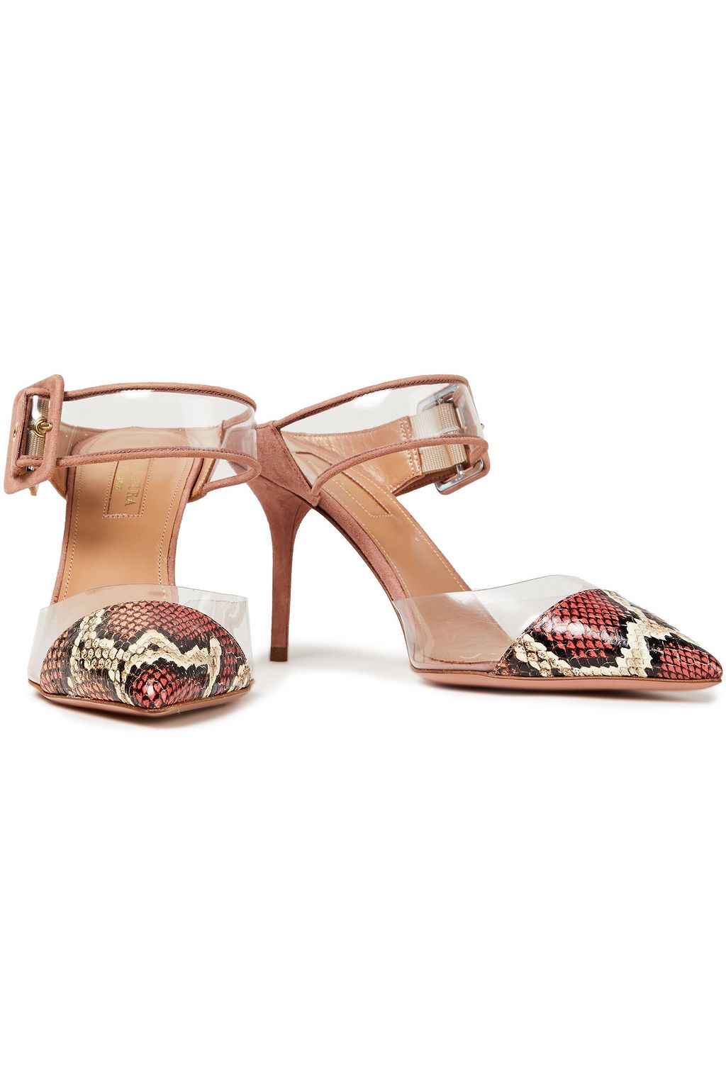 AQUAZZURA Optic 85 suede, elaphe and PVC mules
