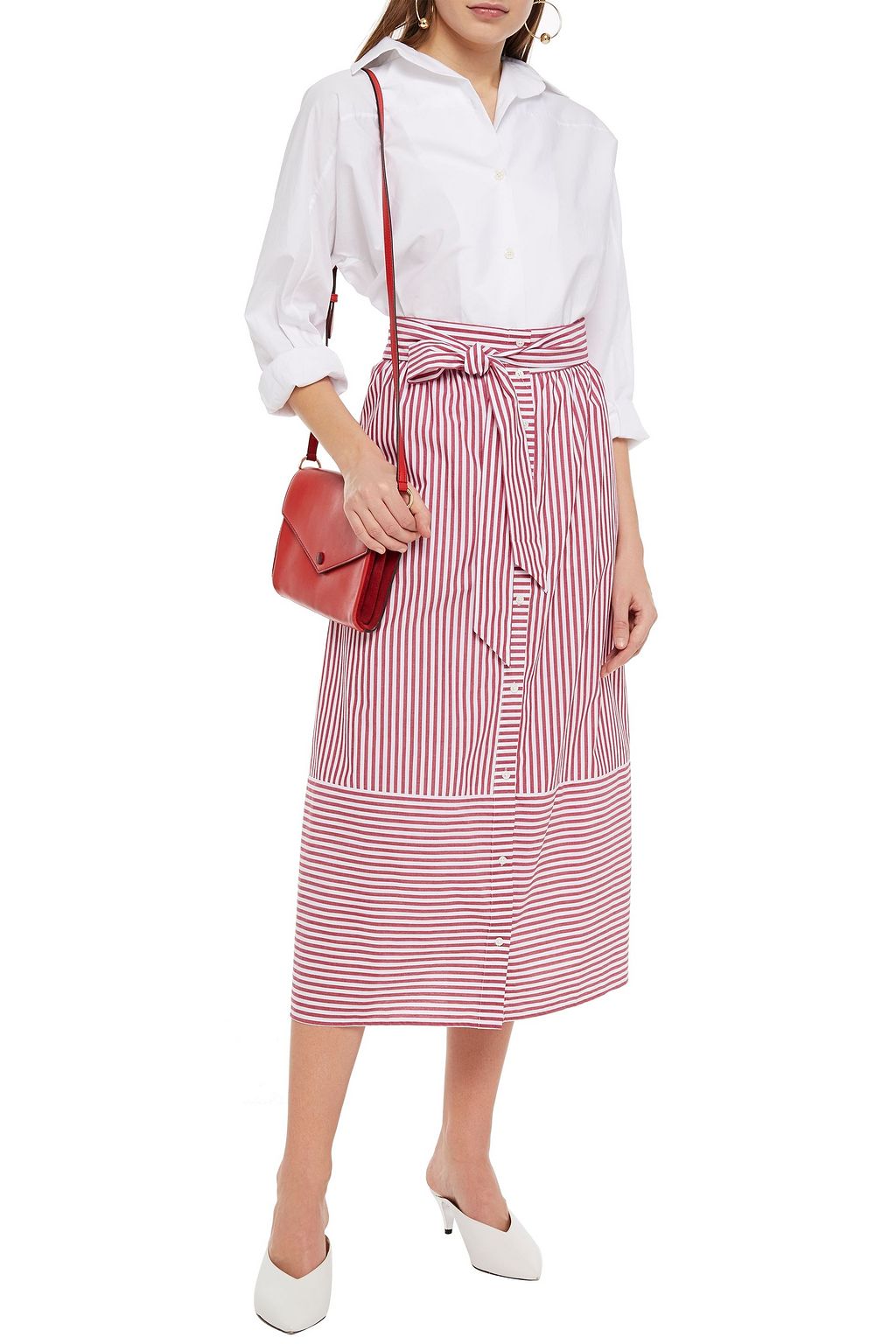 MAJE Belted striped cotton midi skirt