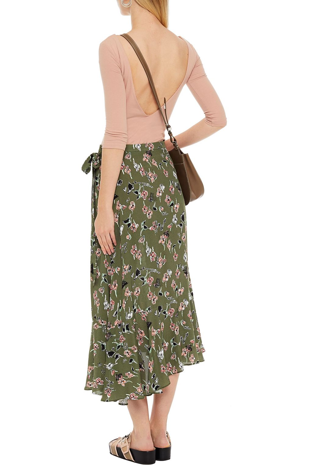 MARKUS LUPFER Caroline asymmetric printed crepe midi wrap skirt
