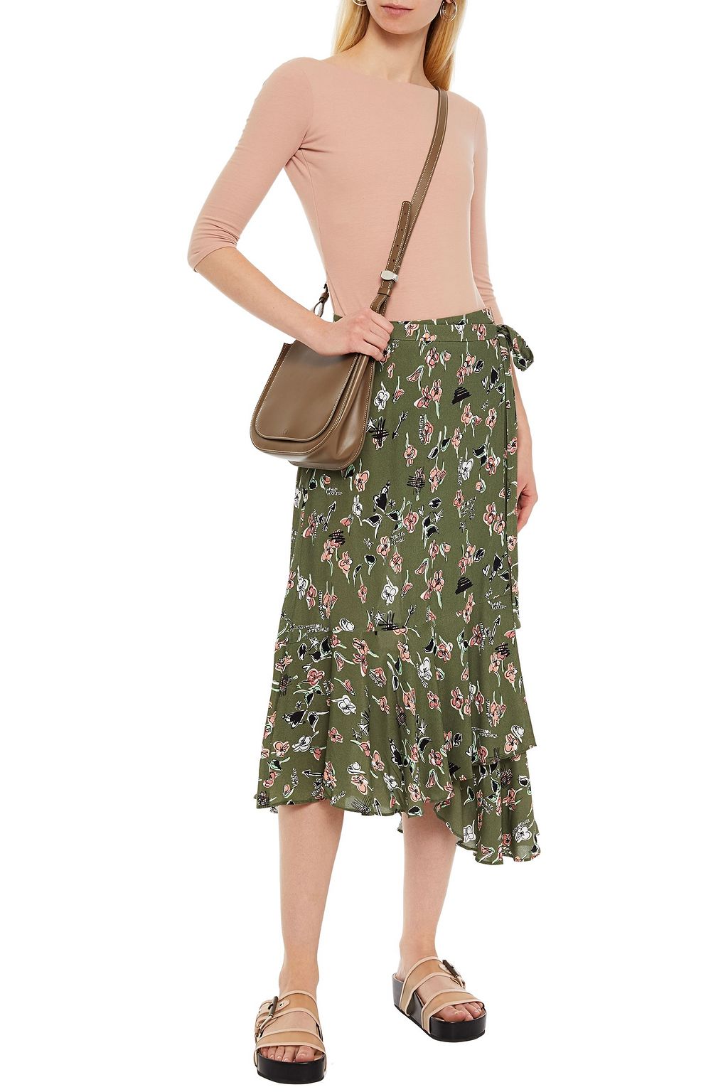 MARKUS LUPFER Caroline asymmetric printed crepe midi wrap skirt