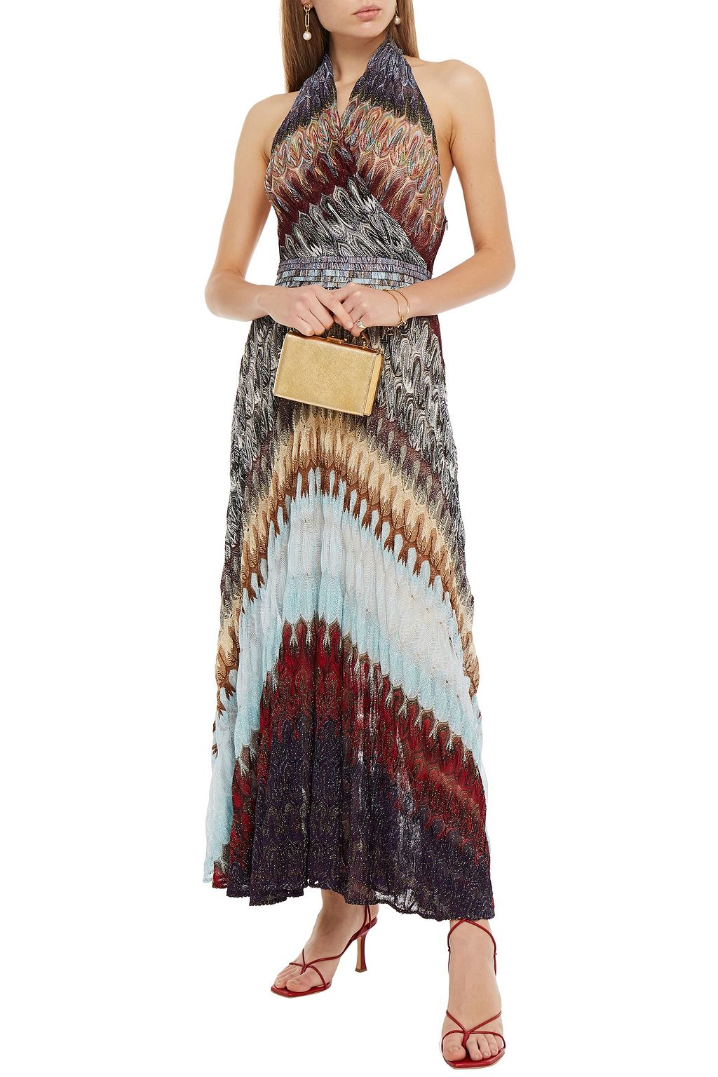 MISSONI Wrap-effect metallic crochet-knit halterneck midi dress