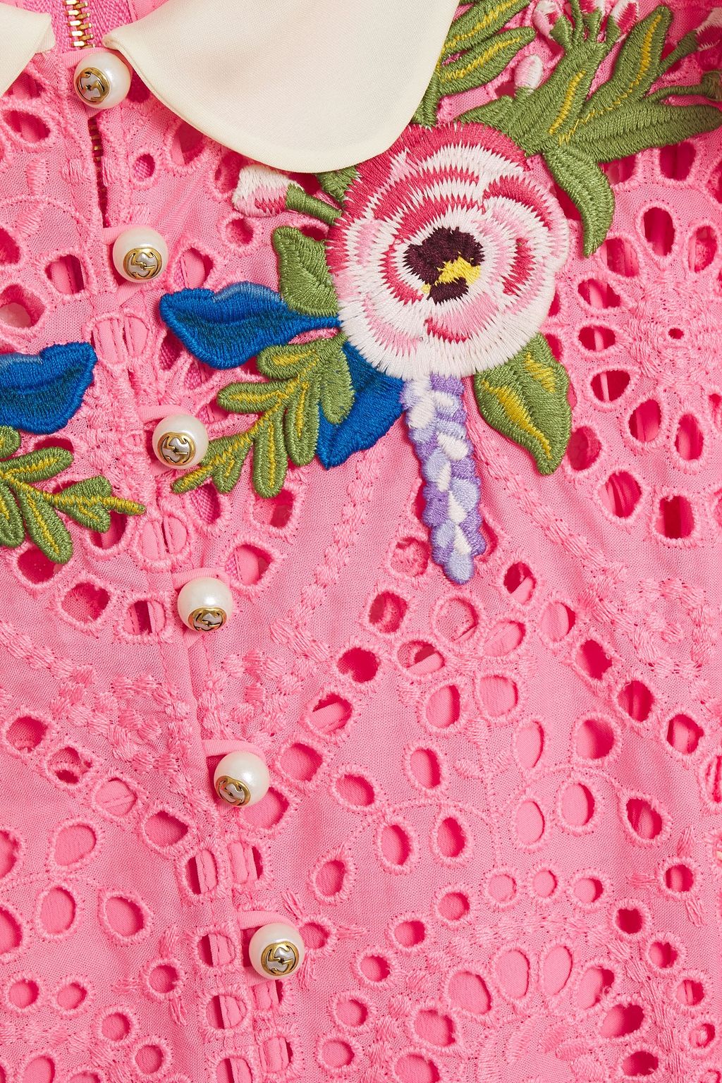 GUCCI Floral-appliquéd ruffled broderie anglaise cotton mini shirt dress