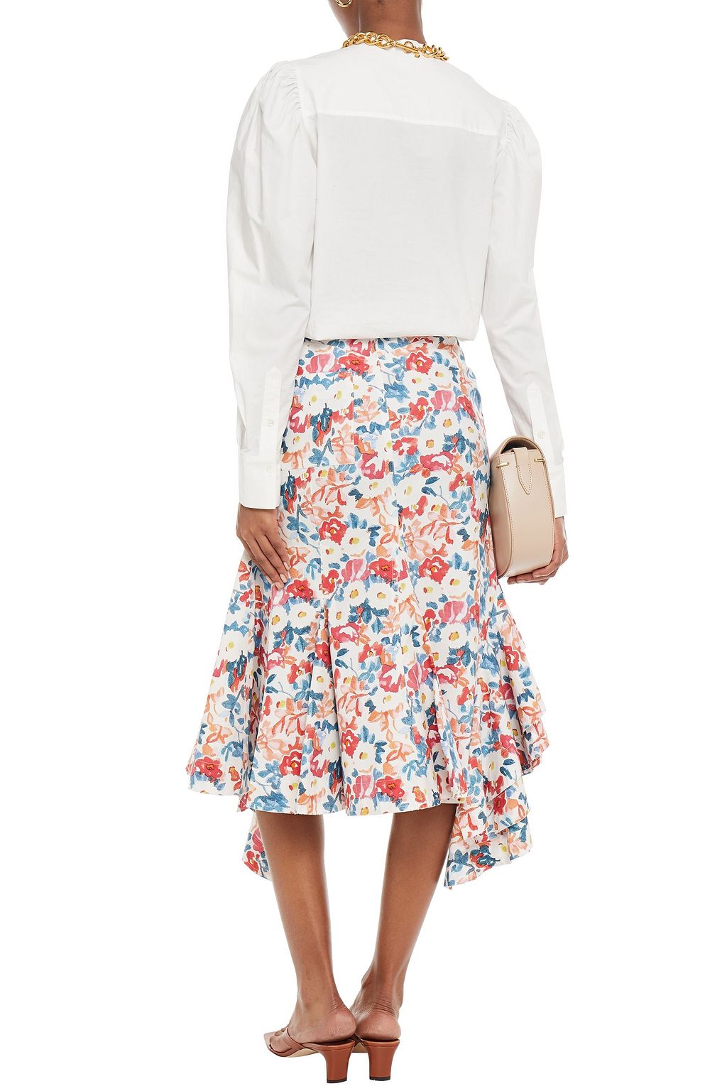 JW ANDERSON Ruffled floral-print cotton-blend midi skirt