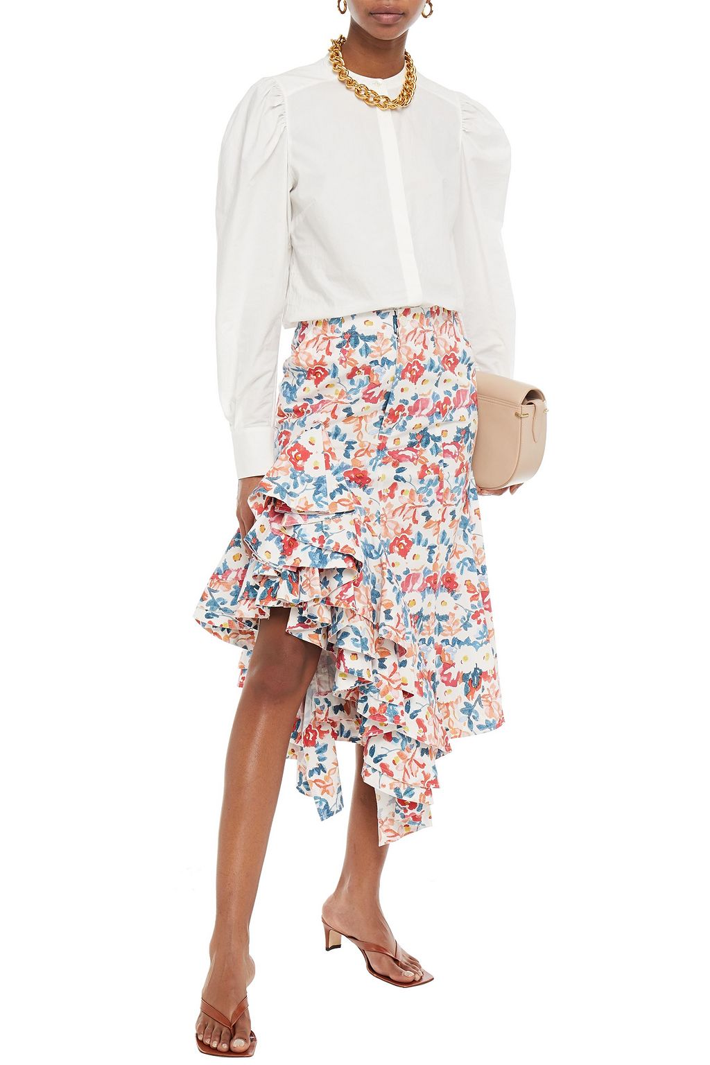 JW ANDERSON Ruffled floral-print cotton-blend midi skirt