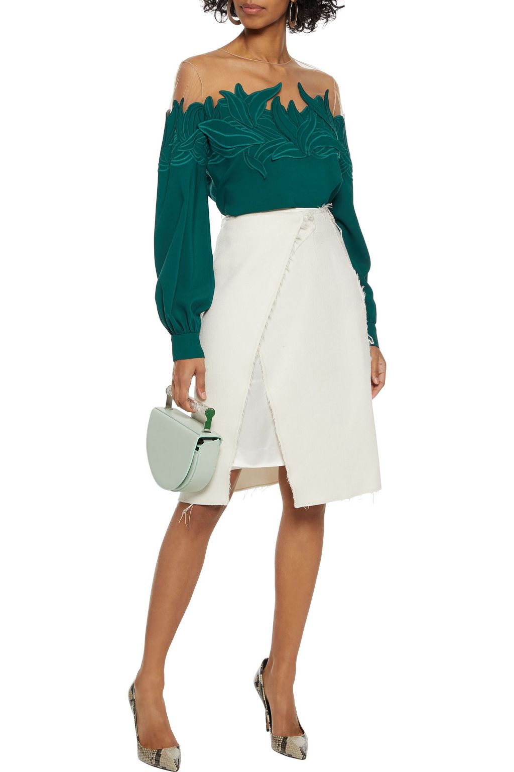 OSCAR DE LA RENTA Tulle-paneled appliquéd silk-blend crepe top