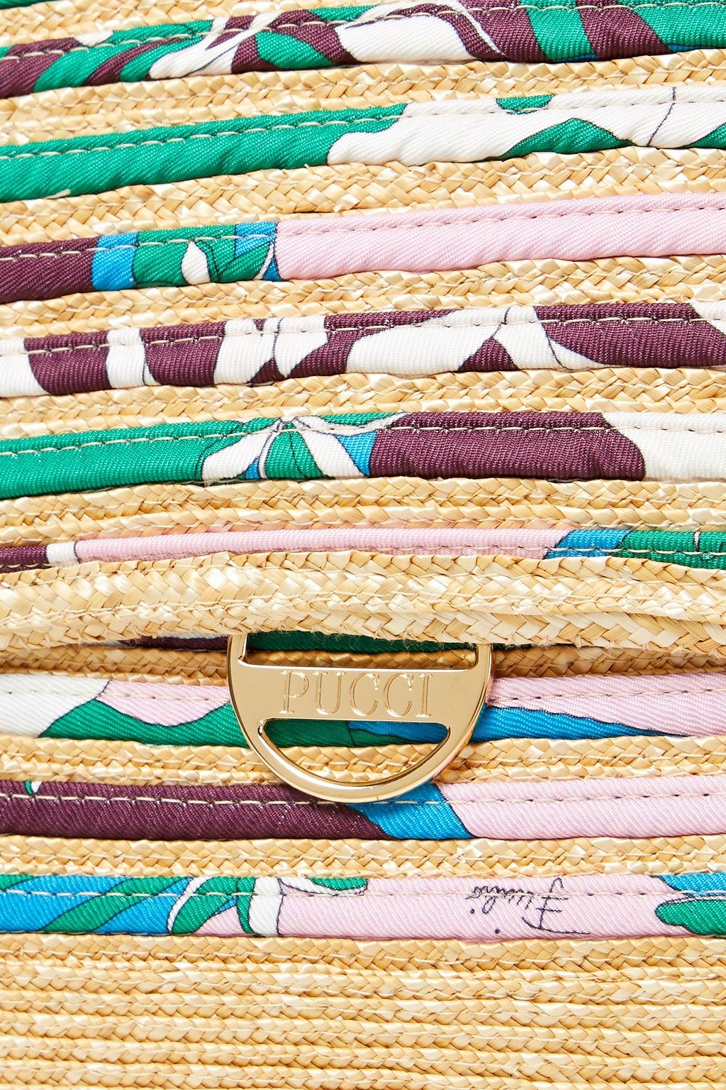 PUCCI Leather-trimmed printed twill and straw shoulder bag
