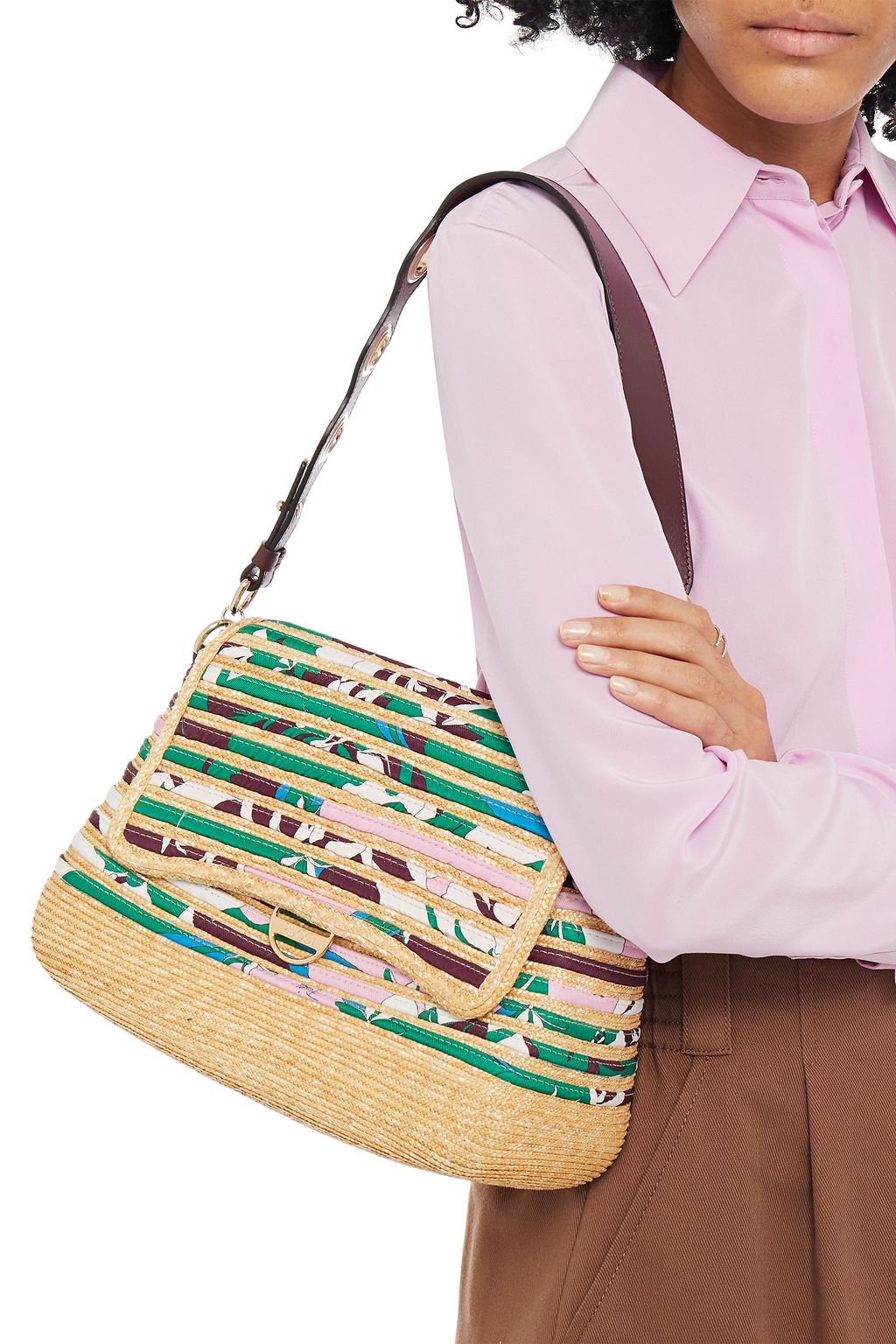 PUCCI Leather-trimmed printed twill and straw shoulder bag
