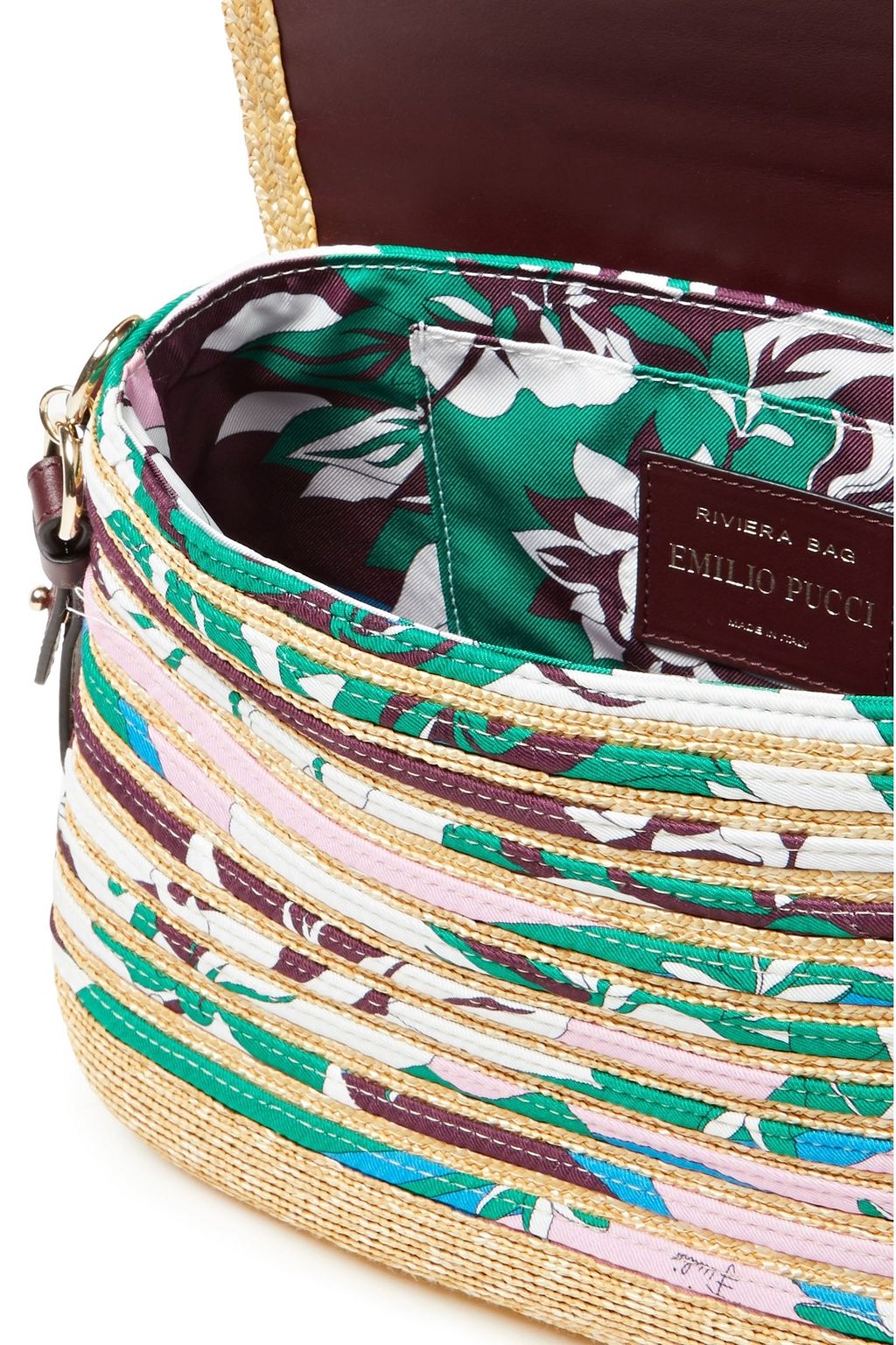 PUCCI Leather-trimmed printed twill and straw shoulder bag