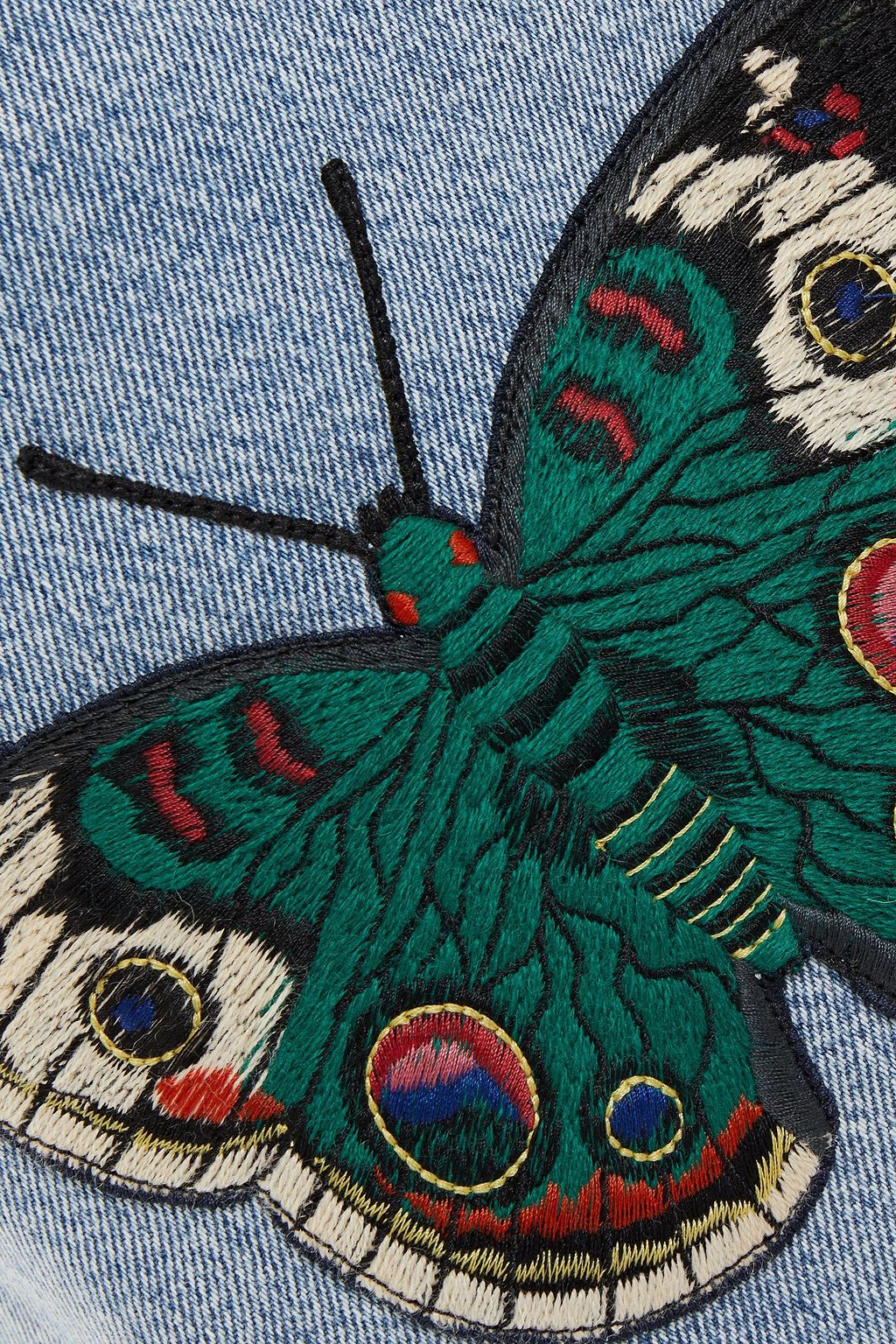 GUCCI Appliquéd faded denim mini skirt