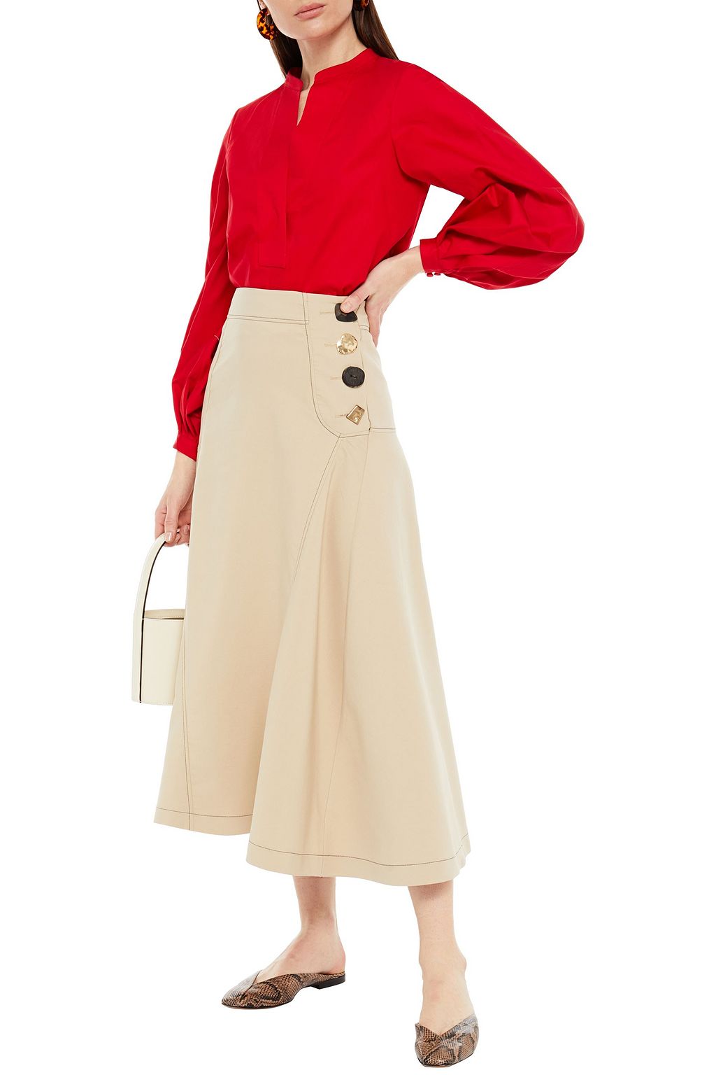 REJINA PYO Alana flared cotton-blend canvas midi skirt