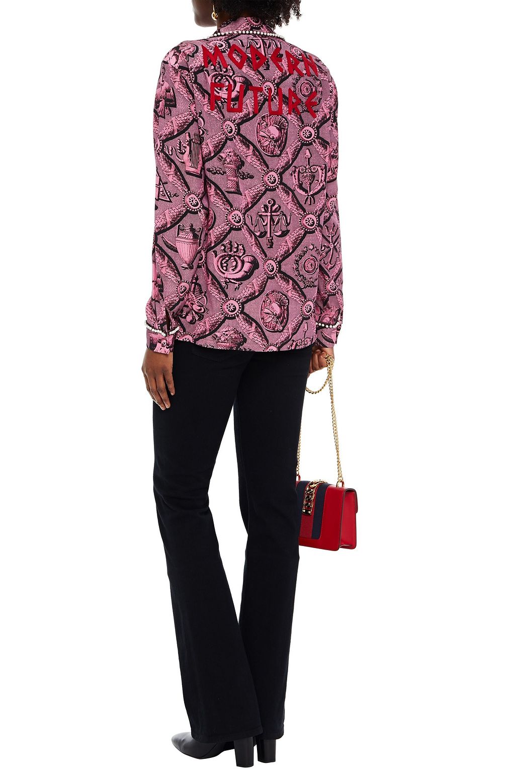 GUCCI Embellished printed silk crepe de chine blouse