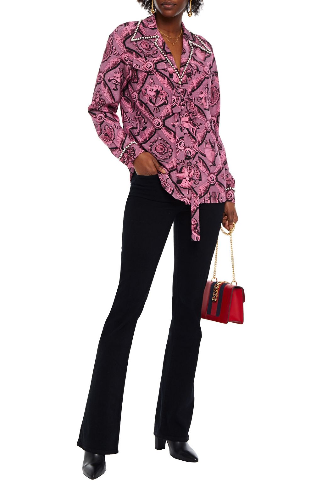 GUCCI Embellished printed silk crepe de chine blouse