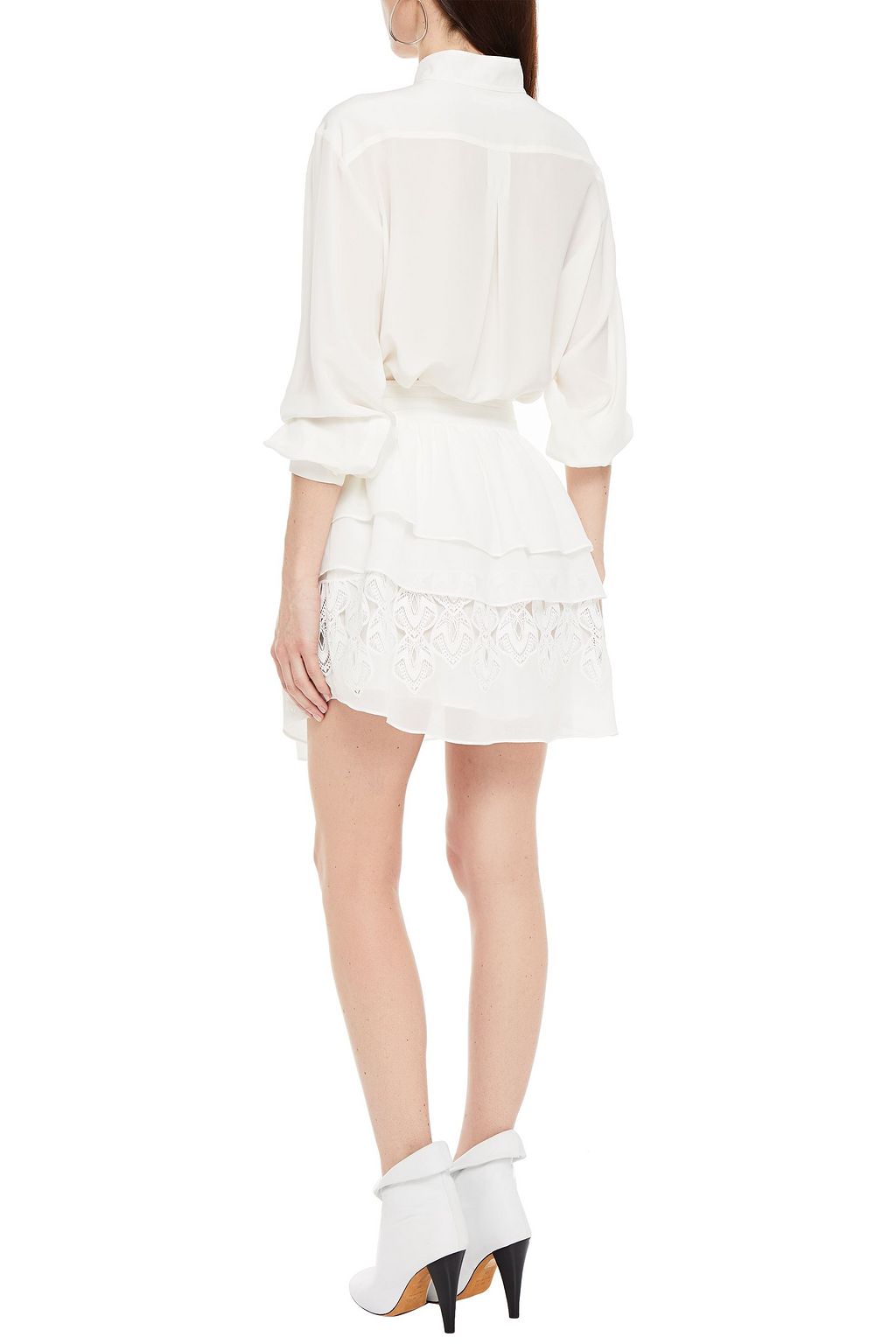 IRO Mugue tiered crepe de chine and macramé lace mini skirt