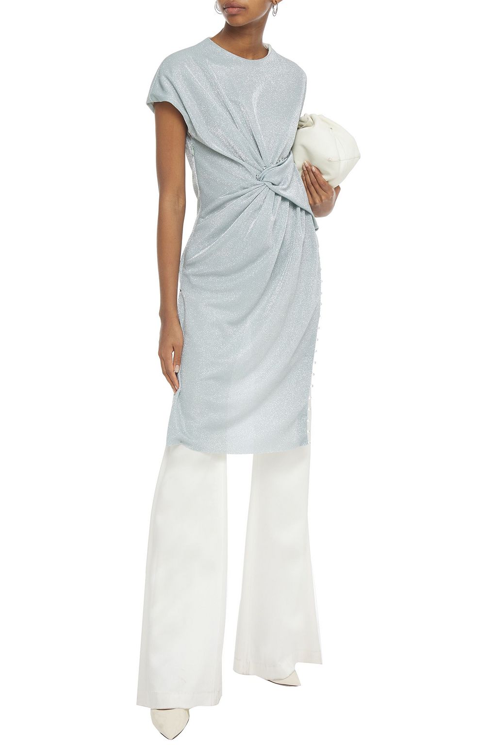 LANVIN Asymmetric twist-front bead-embellished Lurex top