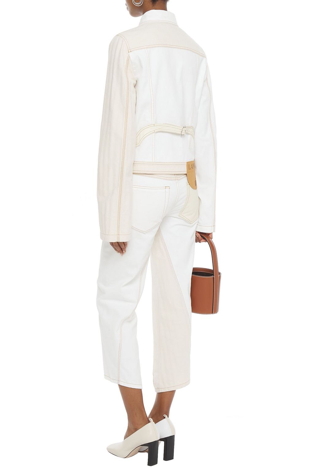 LANVIN Paneled herringbone cotton-canvas, denim and leather jacket