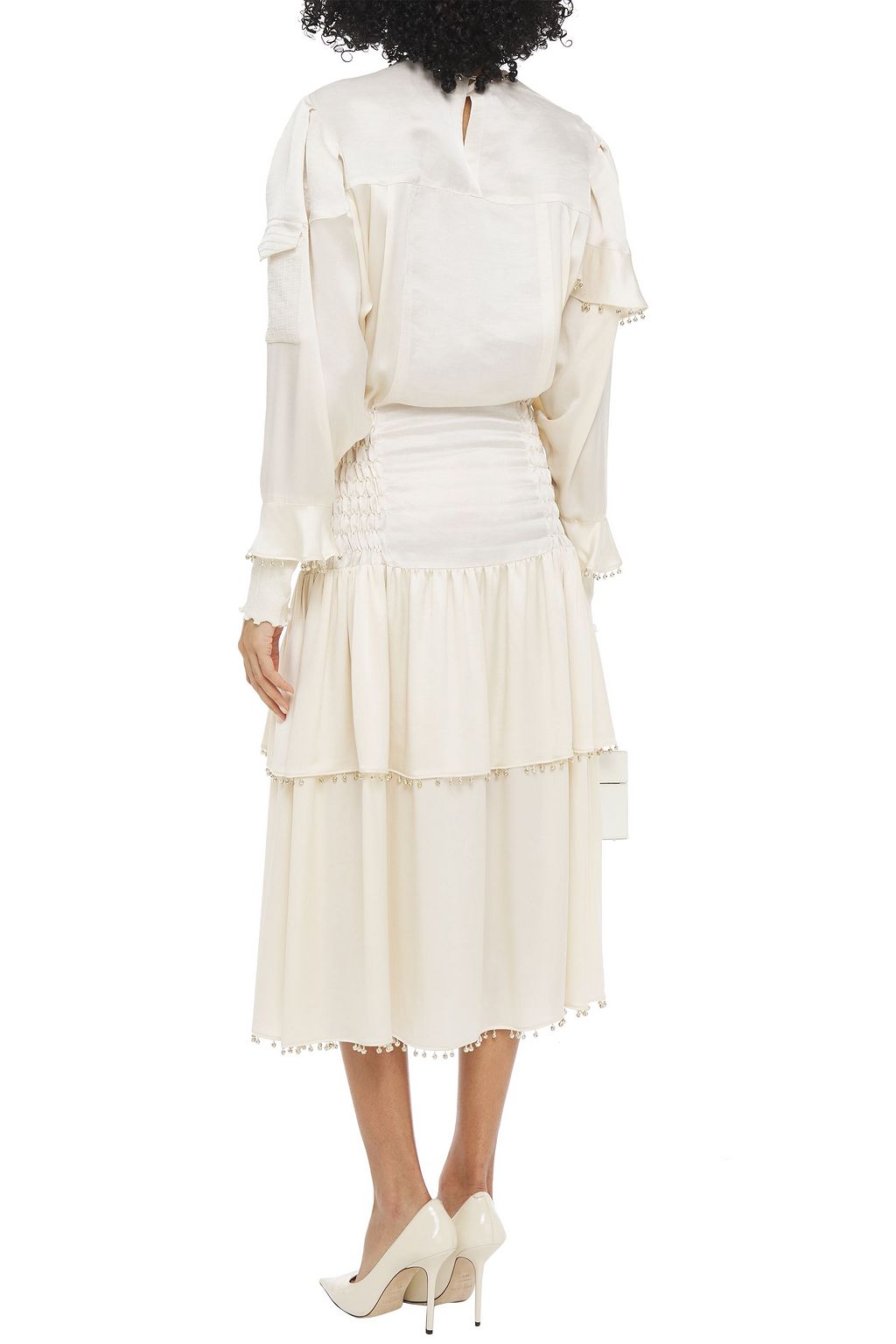 LANVIN Tiered shantung-paneled embellished silk-satin midi dress