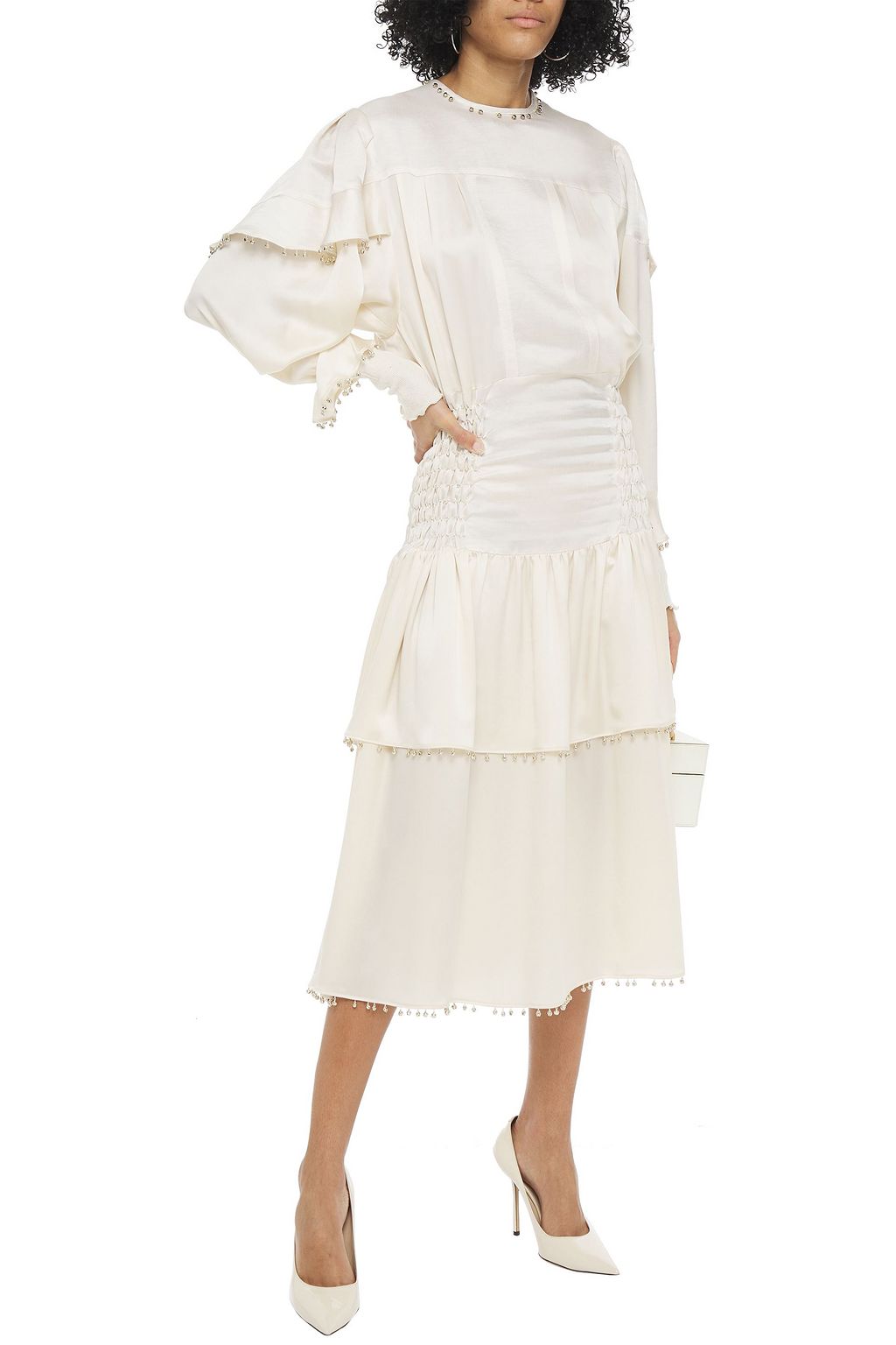 LANVIN Tiered shantung-paneled embellished silk-satin midi dress