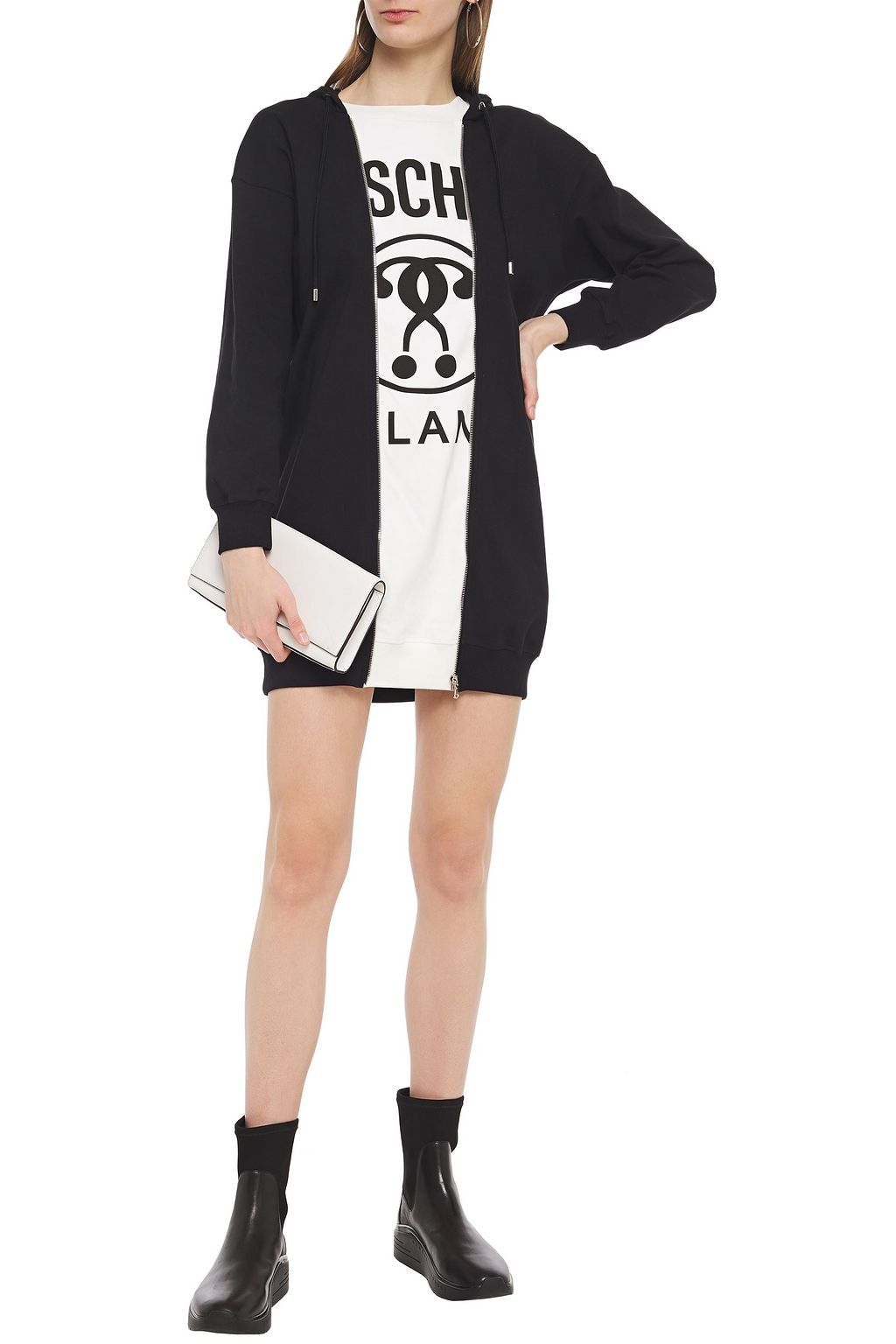 MOSCHINO Zip-detailed two-tone printed cotton-blend jersey hooded mini dress