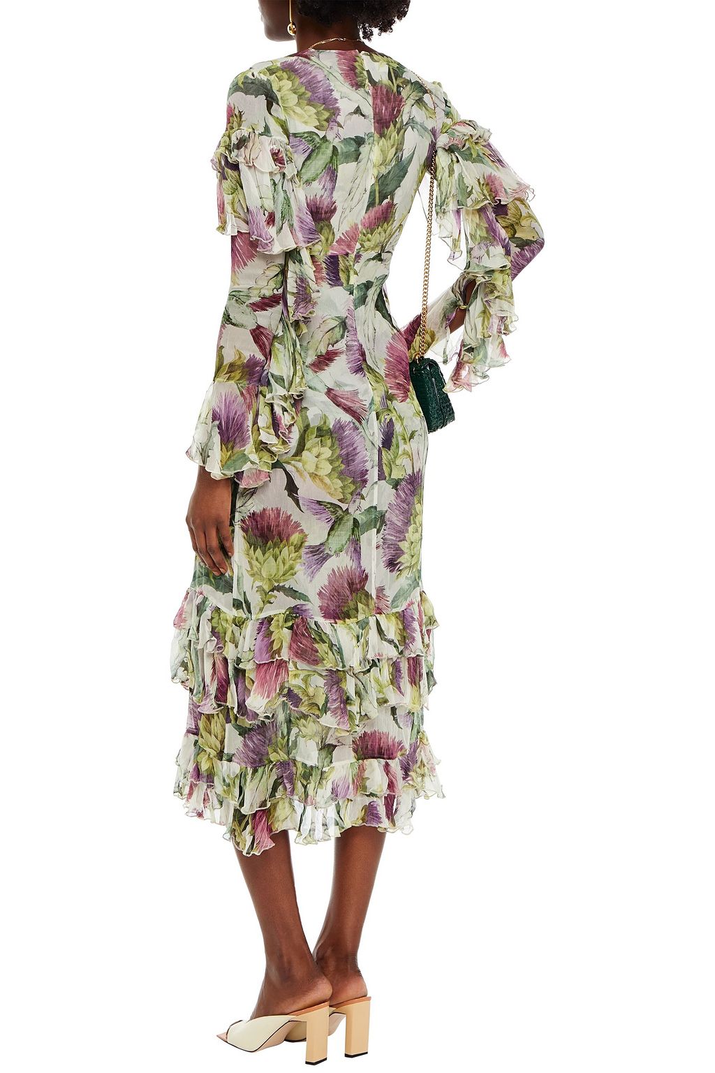 GUCCI Midikleid aus Seidenkrepon mit floralem Print und Rüschen