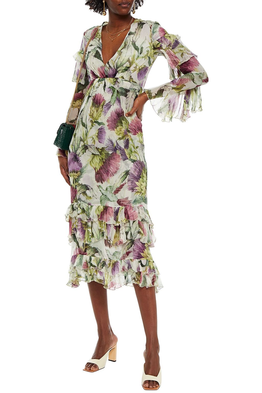 GUCCI Midikleid aus Seidenkrepon mit floralem Print und Rüschen