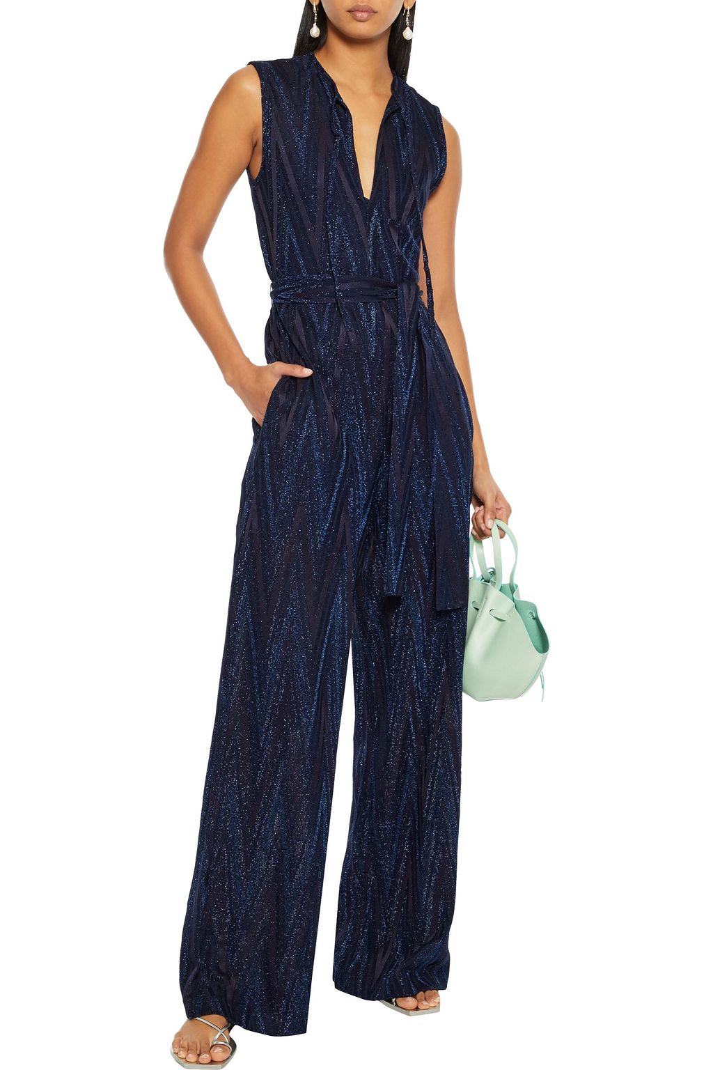 M MISSONI Belted metallic crochet-knit wide-leg jumpsuit