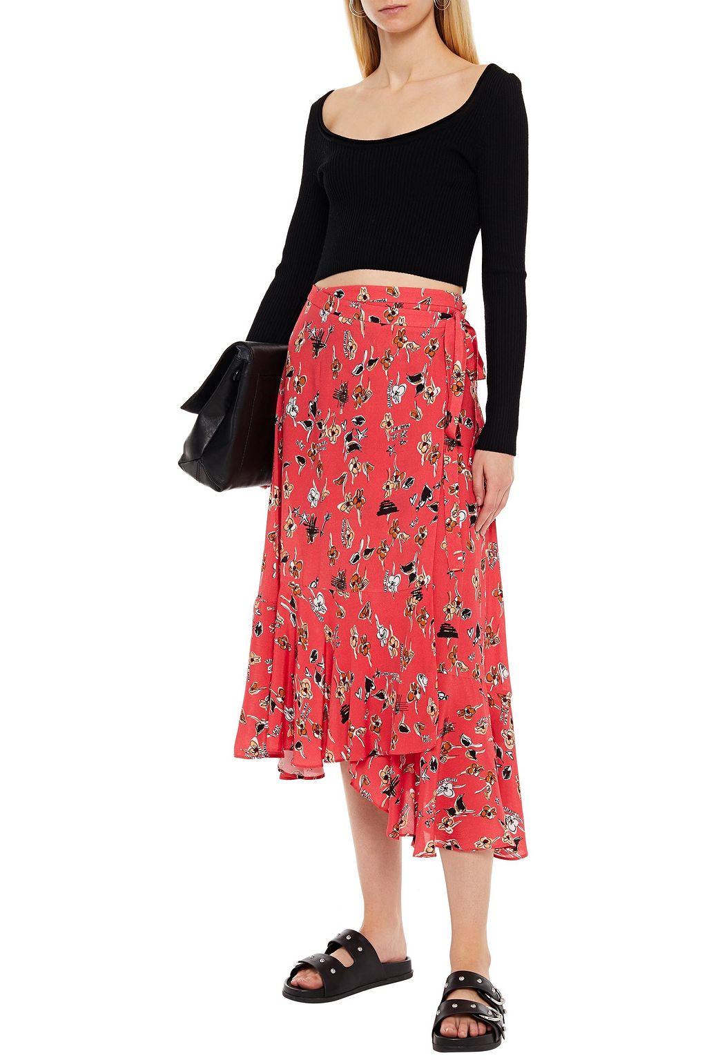 MARKUS LUPFER Caroline asymmetric printed crepe midi wrap skirt