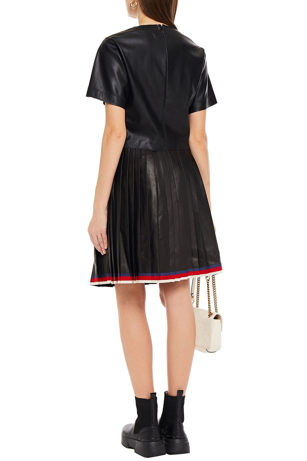 GUCCI Grosgrain-trimmed pleated leather skirt