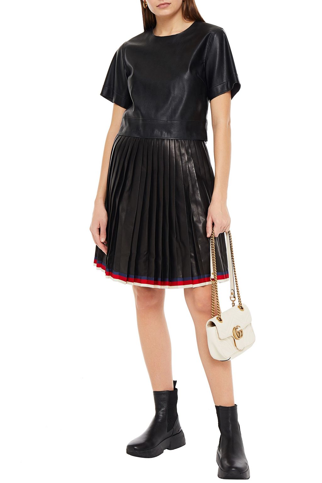 GUCCI Grosgrain-trimmed pleated leather skirt