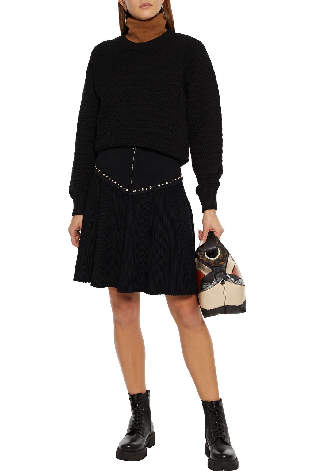 SANDRO Oria paneled embellished ribbed-knit mini skirt
