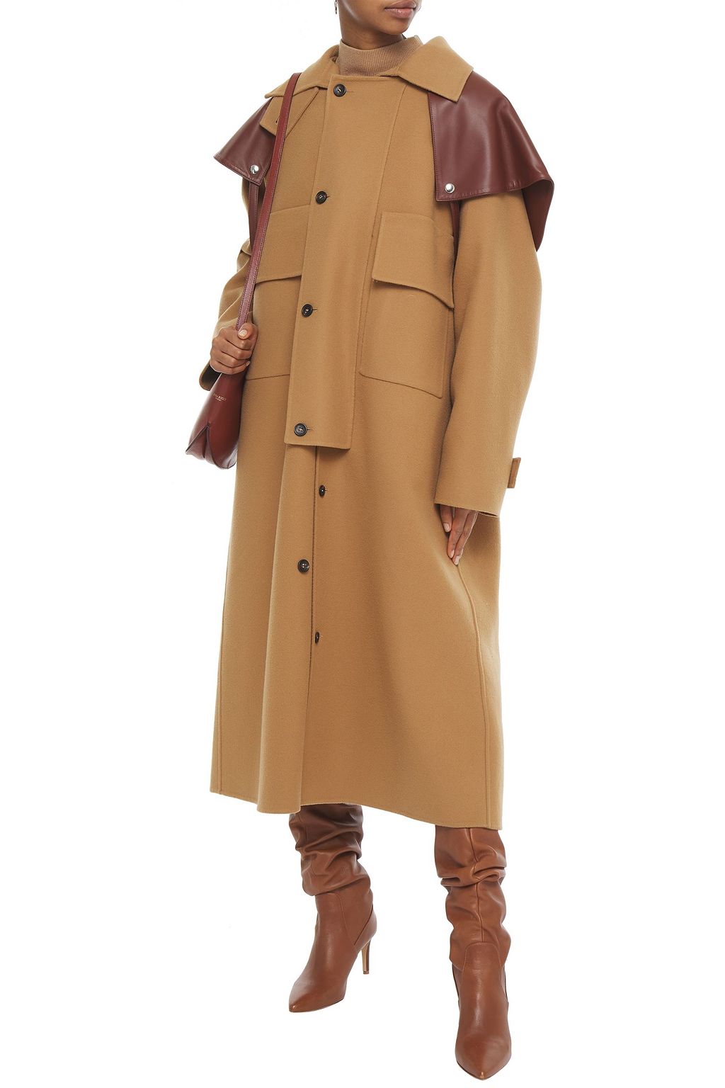 LANVIN Leather-paneled wool and cashmere-blend coat