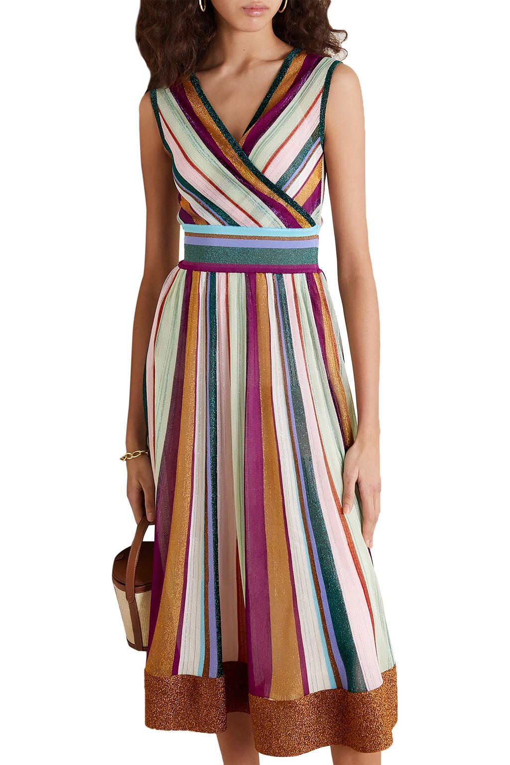 MISSONI Wrap-effect striped metallic crochet-knit midi dress