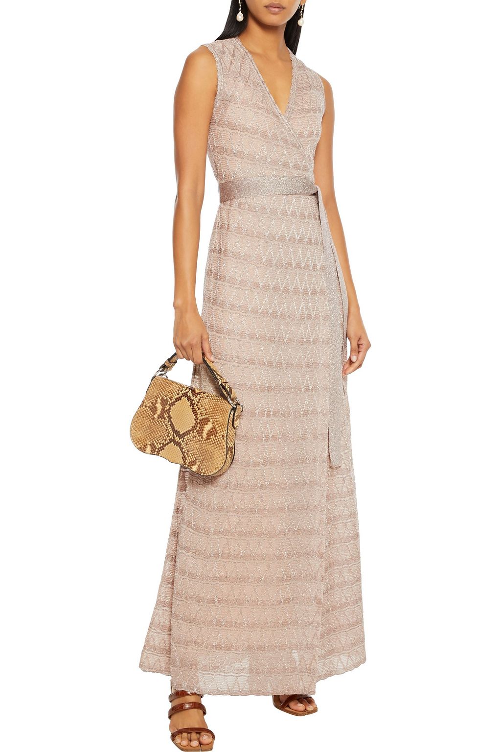 M MISSONI Scalloped metallic crochet-knit maxi wrap dress