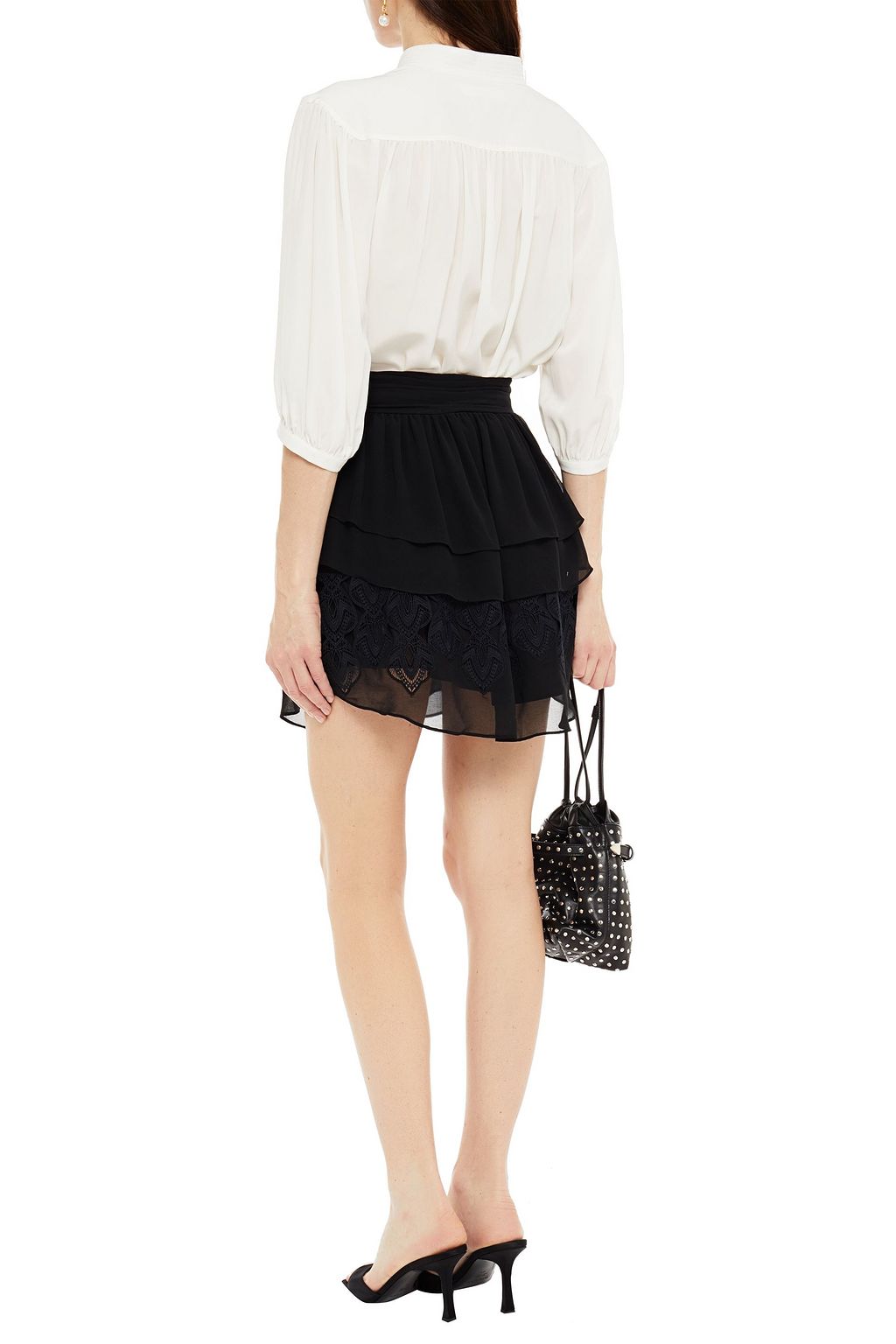 IRO Mugue tiered crepe de chine and macramé lace mini skirt