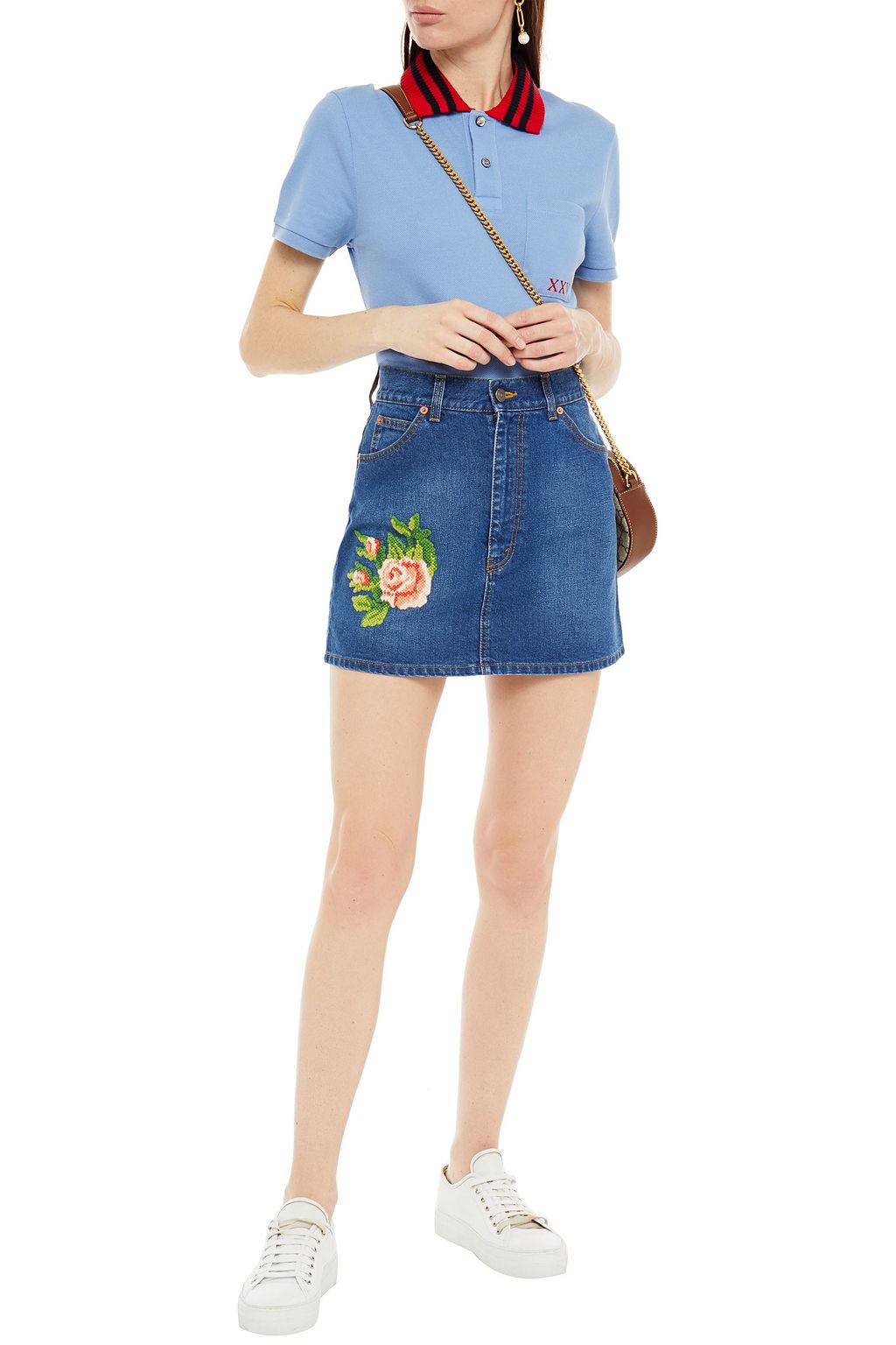 GUCCI Appliquéd denim mini skirt