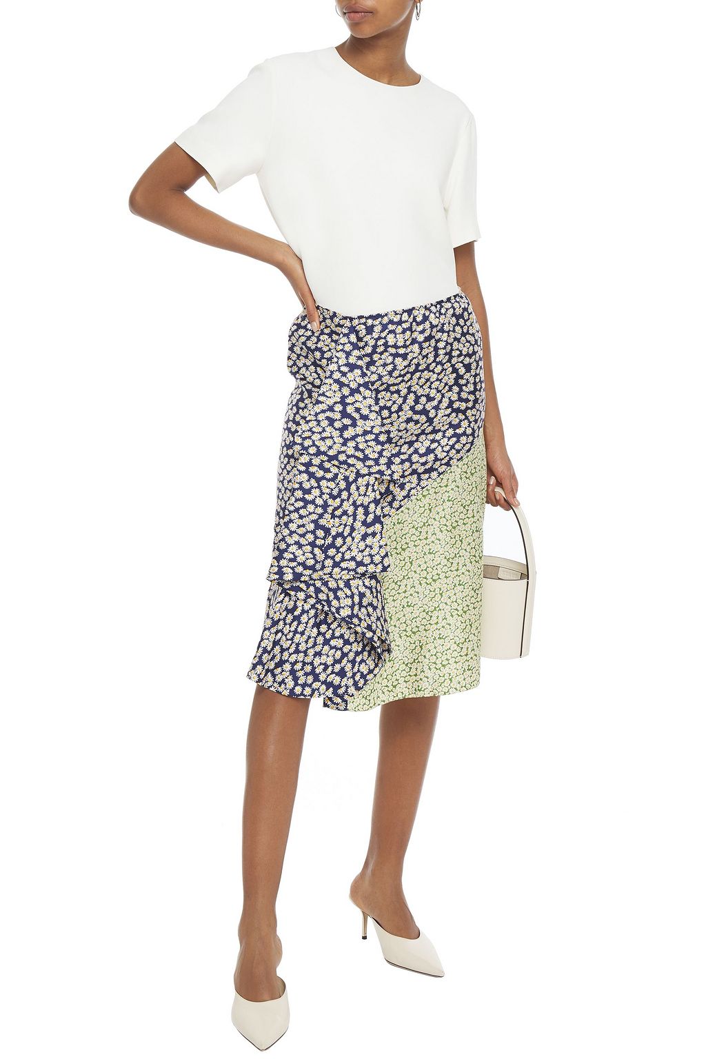 LANVIN Paneled ruffled floral-print silk-twill skirt