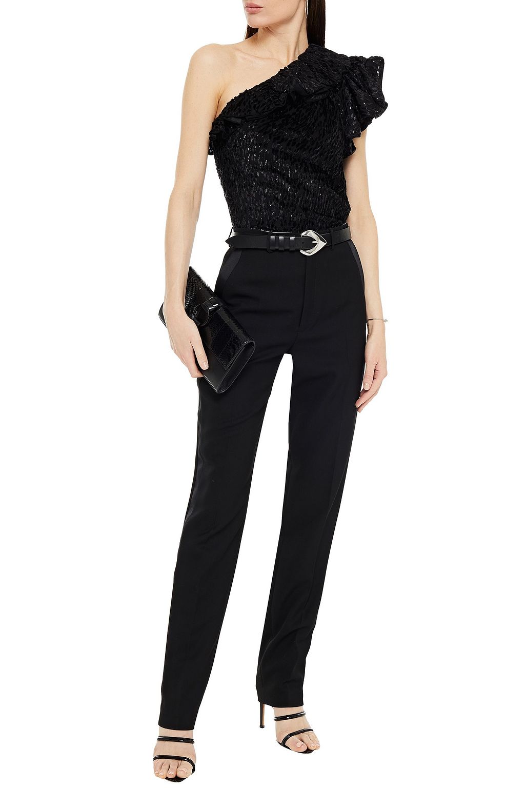IRO One-shoulder ruffled devoré-velvet top