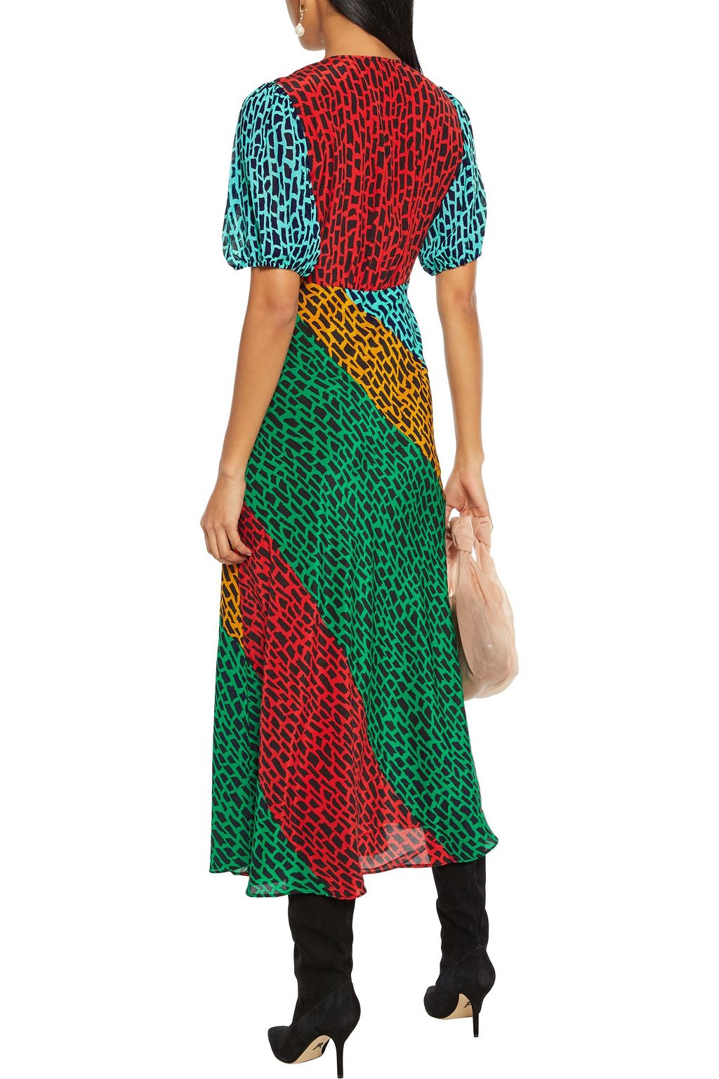 RIXO Amber paneled printed silk crepe de chine midi dress