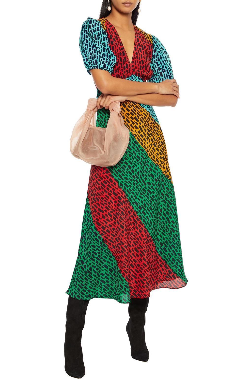 RIXO Amber paneled printed silk crepe de chine midi dress