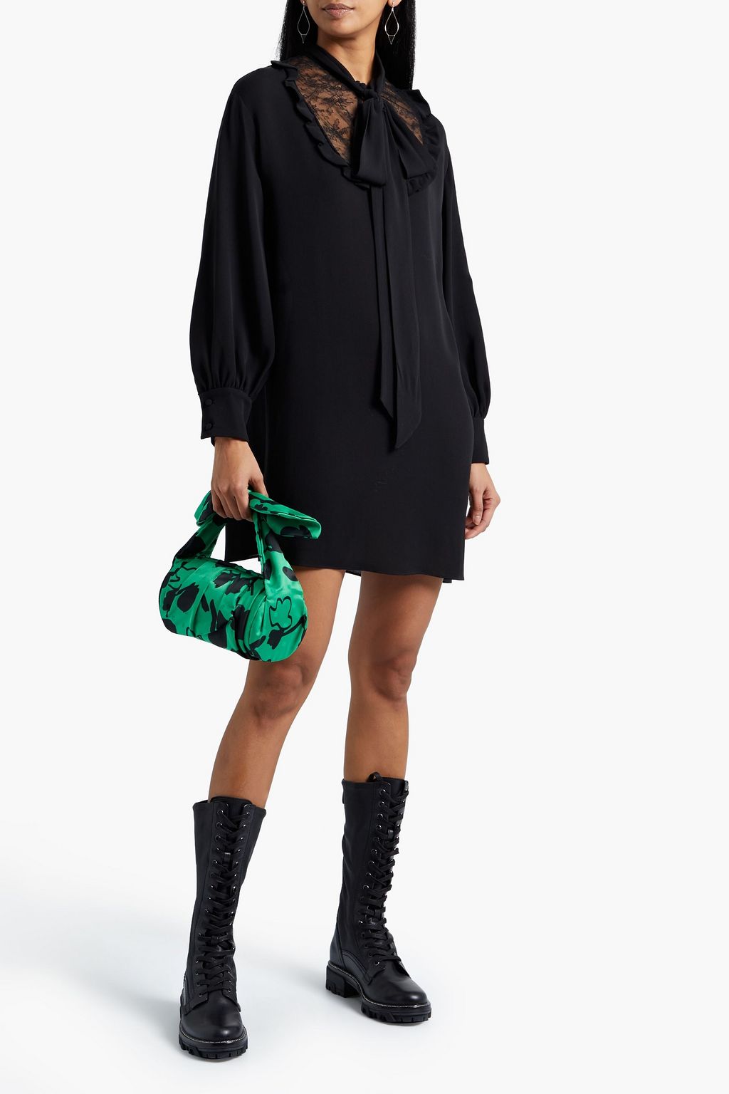 VALENTINO GARAVANI Tie-neck lace-paneled silk-crepe top