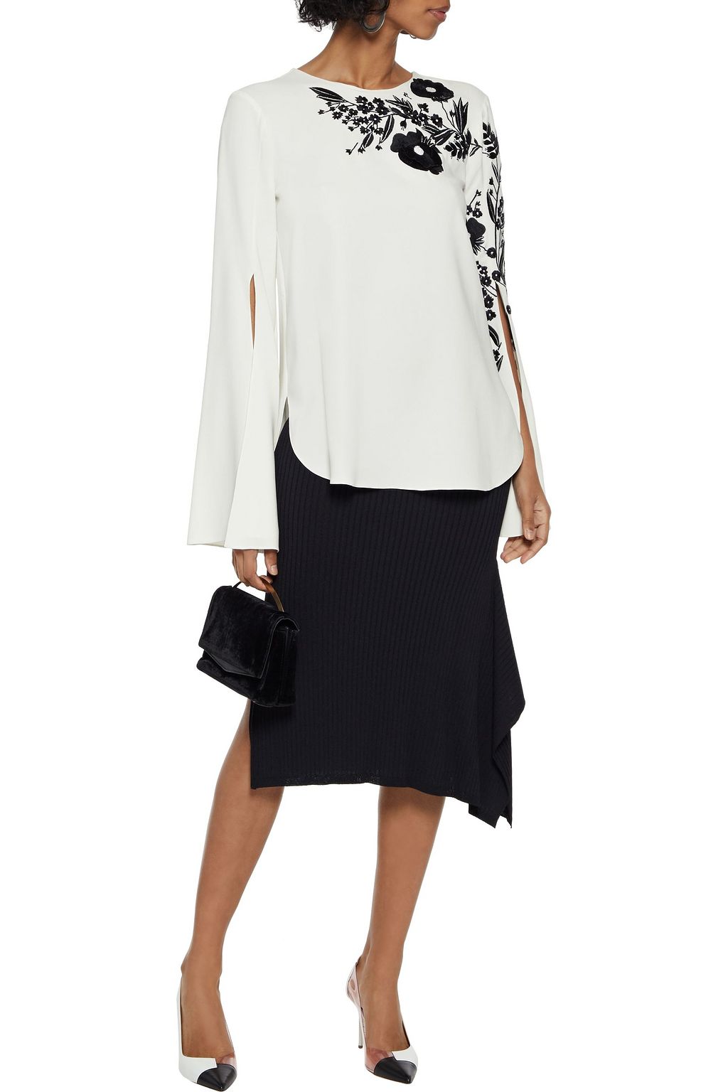 OSCAR DE LA RENTA Embroidered silk-blend crepe top