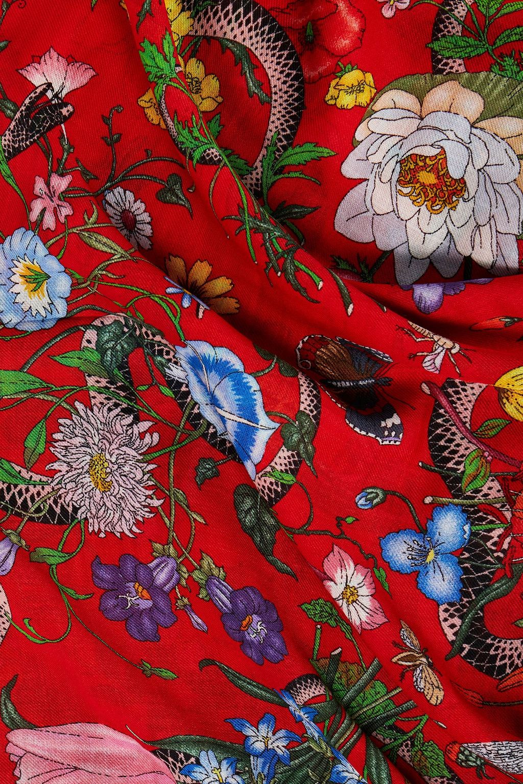 GUCCI Frayed printed wool and silk-blend scarf