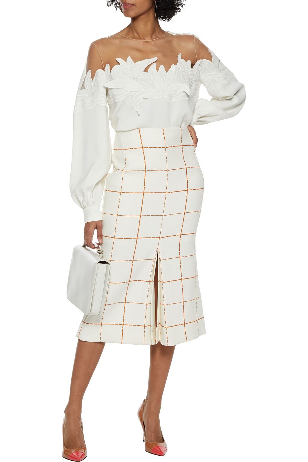 OSCAR DE LA RENTA Tulle-paneled appliquéd silk-blend crepe top