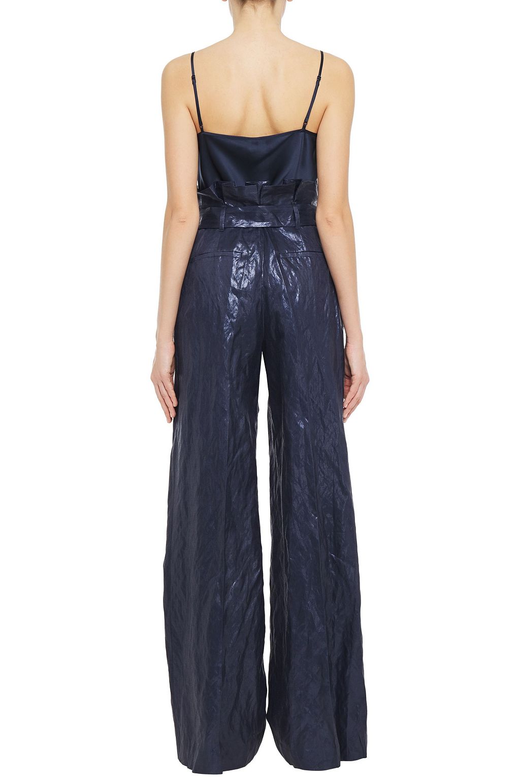 GABRIELA HEARST Belted crinkled metallic woven wide-leg pants