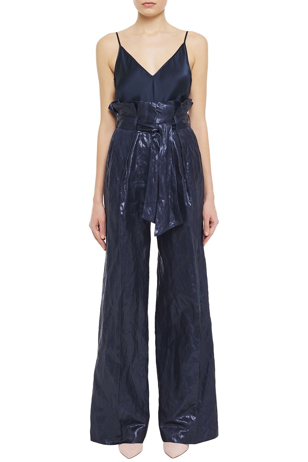 GABRIELA HEARST Belted crinkled metallic woven wide-leg pants