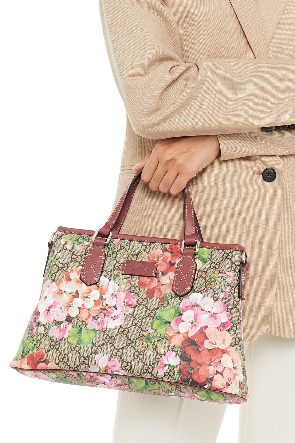 Shop Gucci Gg Blooms Leather trimmed Printed Coated canvas Tote In